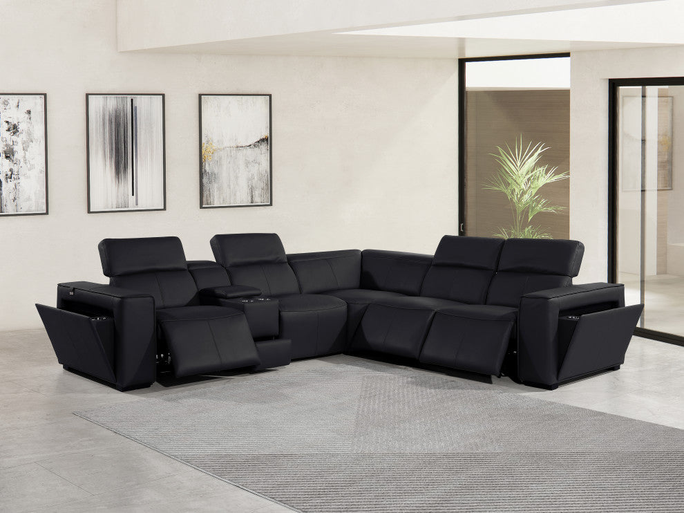 Niccolo Top Grain Italian Leather 6-Piece L-Shaped Power Reclining Sectional, Black