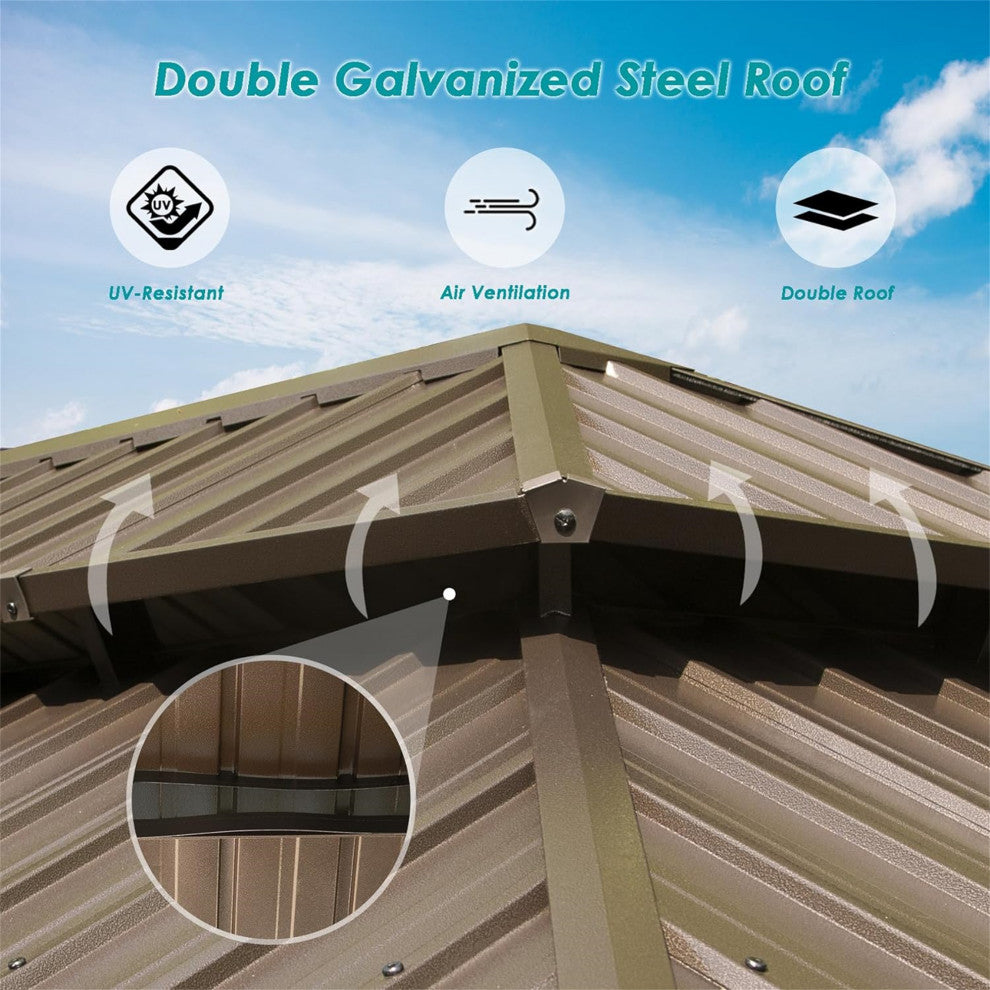 Hardtop Gazebo, Aluminum Metal Gazebo with Galvanized Steel Double Roof, Brown