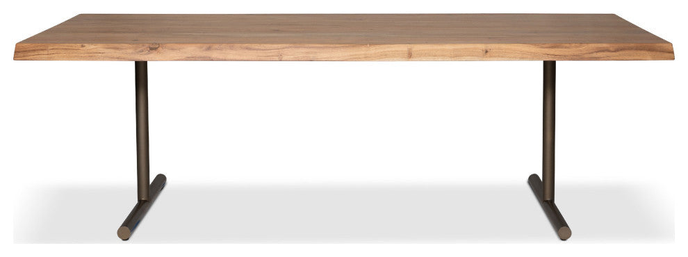 Brooks Dining Table, T Base, 40"x92", Teak Top, Brass Base