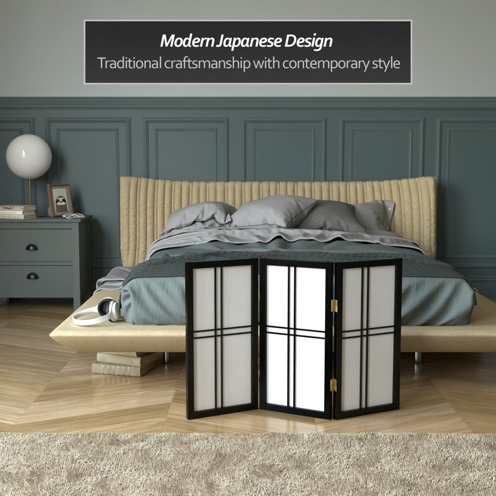 2' Tall Desktop Double Cross Shoji Screen, Black, 3 Panels