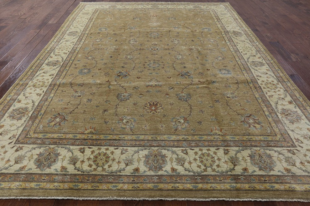 Gold Chobi Peshawar Hand-Knotted Oushak Style Wool Rug, 9'x12'