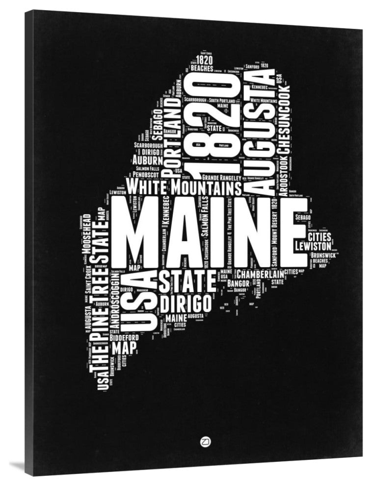 "Maine Black and White Map" Fine Art Print