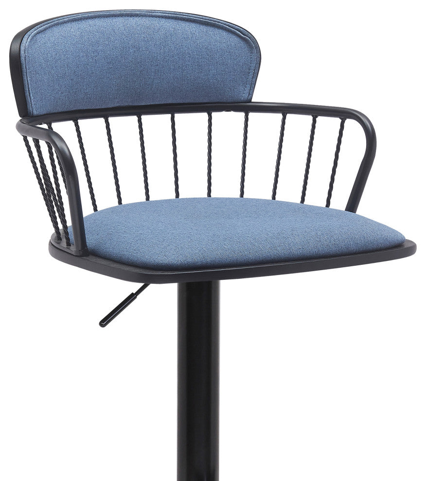 Nash Adjustable Black Wood Bar Stool, Blue Fabric With Black Metal, Blue