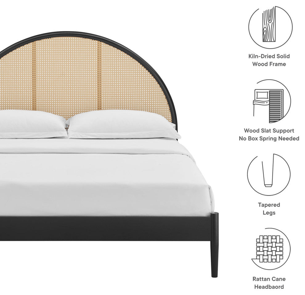 Odette Queen Arched Rattan Cane Platform Bed, Black