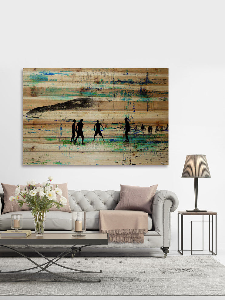"Evening Beach Green" Painting Print on Natural Pine Wood, 60"x40"