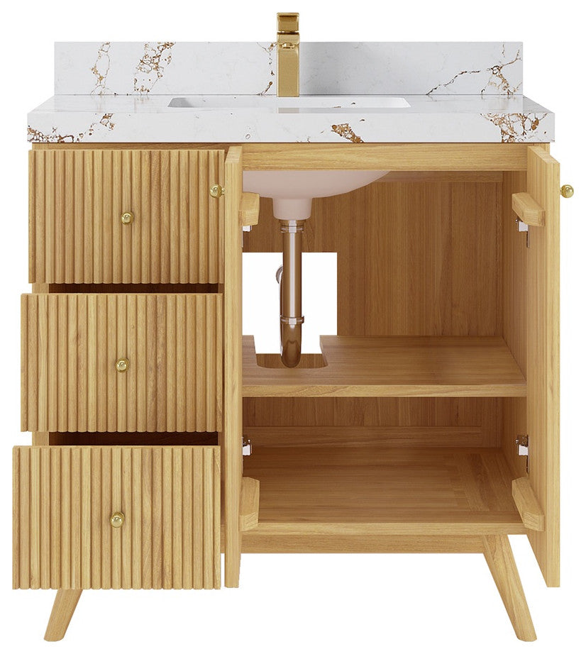 Pasadena 36 Center Sink Bath Vanity in Light Natural Teak 2" Viola Gold