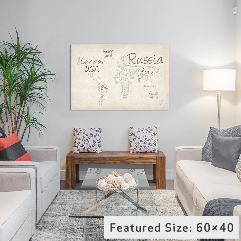 "World Map In Words II" Wrapped Canvas Art Print, 18x12x1.5