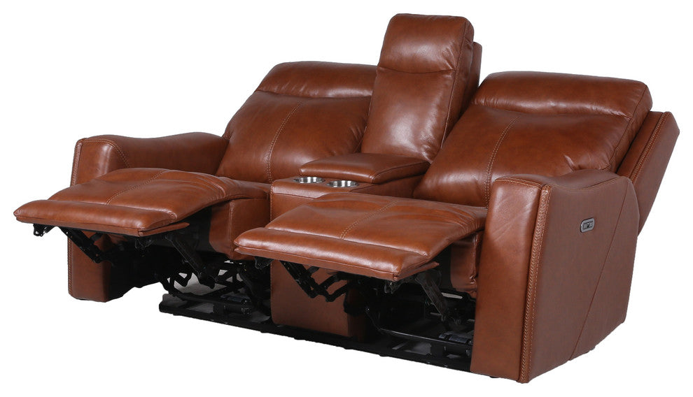 Natalia Power Loveseat Console Leather Recliner, Caramel