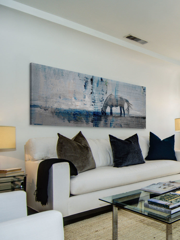 "Horse Grazing Blue" Painting Print on Wrapped Canvas, 45"x15"