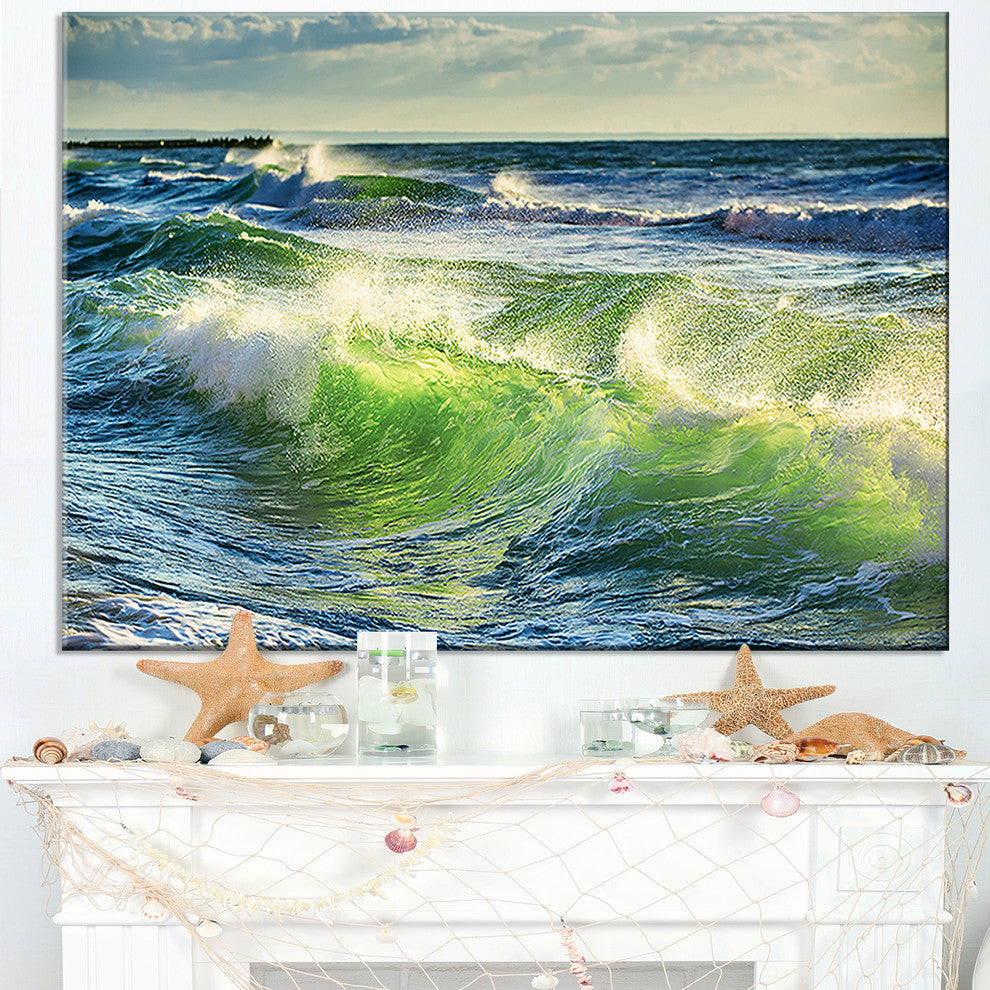 "Sunrise and Shining Waves in Ocean" Beach Canvas Wall Art, 40"x20"
