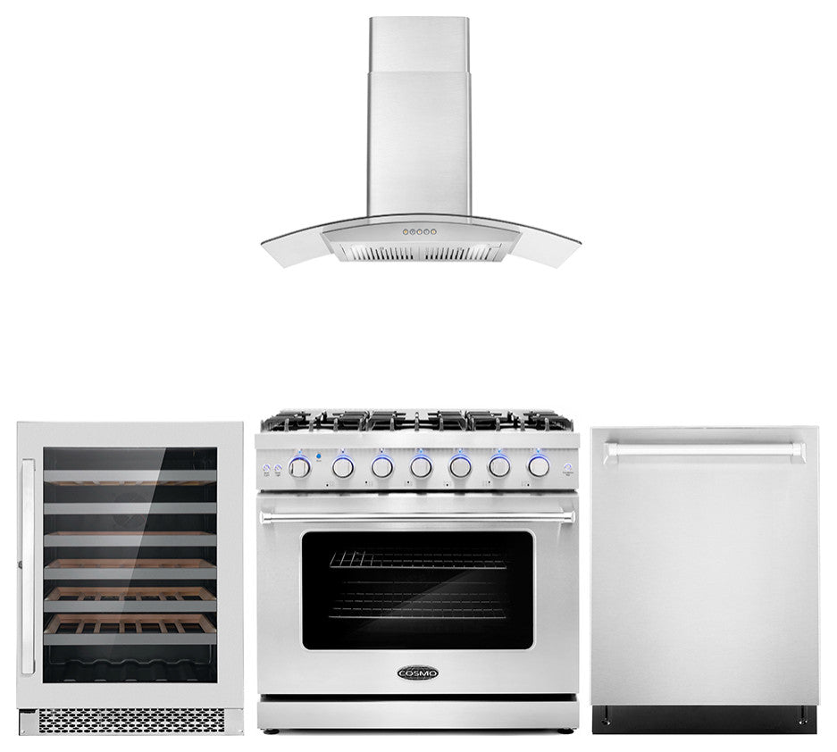 4-Piece, 36" Gas Range, Range Hood, Dishwasher and 48 Bottle Wine Cooler