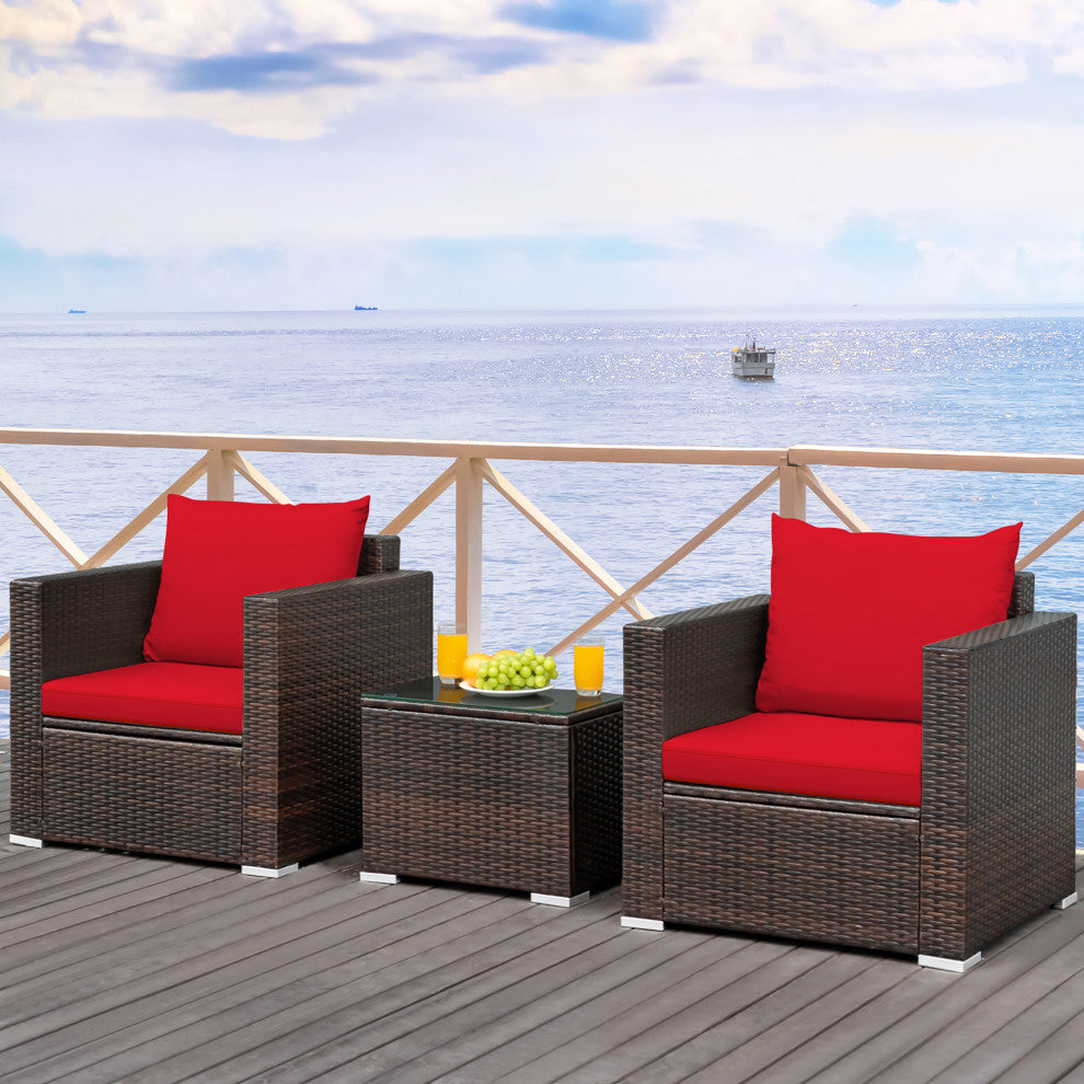 Costway 3PCS Patio Rattan Furniture Set Sofa Cushioned Garden Red