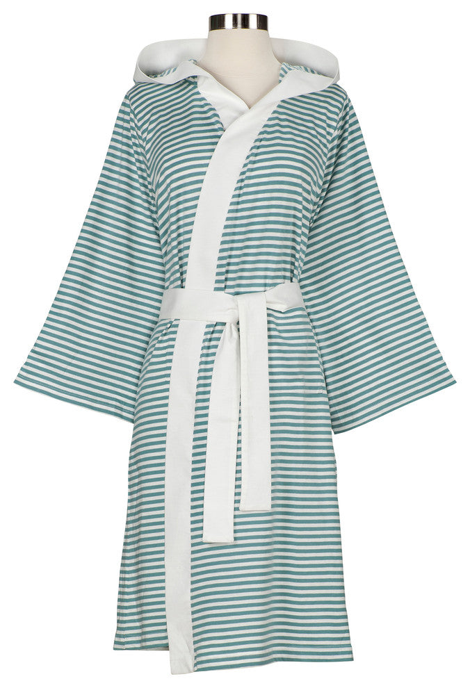 Knee Length Striped Jersey Knit Robe, White / Teal