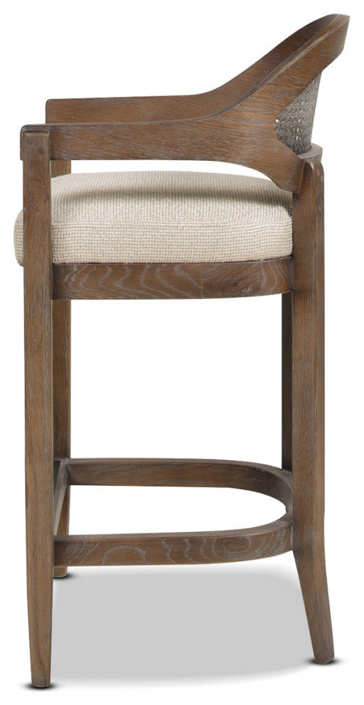 Americana Mid-Century Modern Rattan Cane Back Stool, Taupe Beige Textured Weave, 26" Counter Height