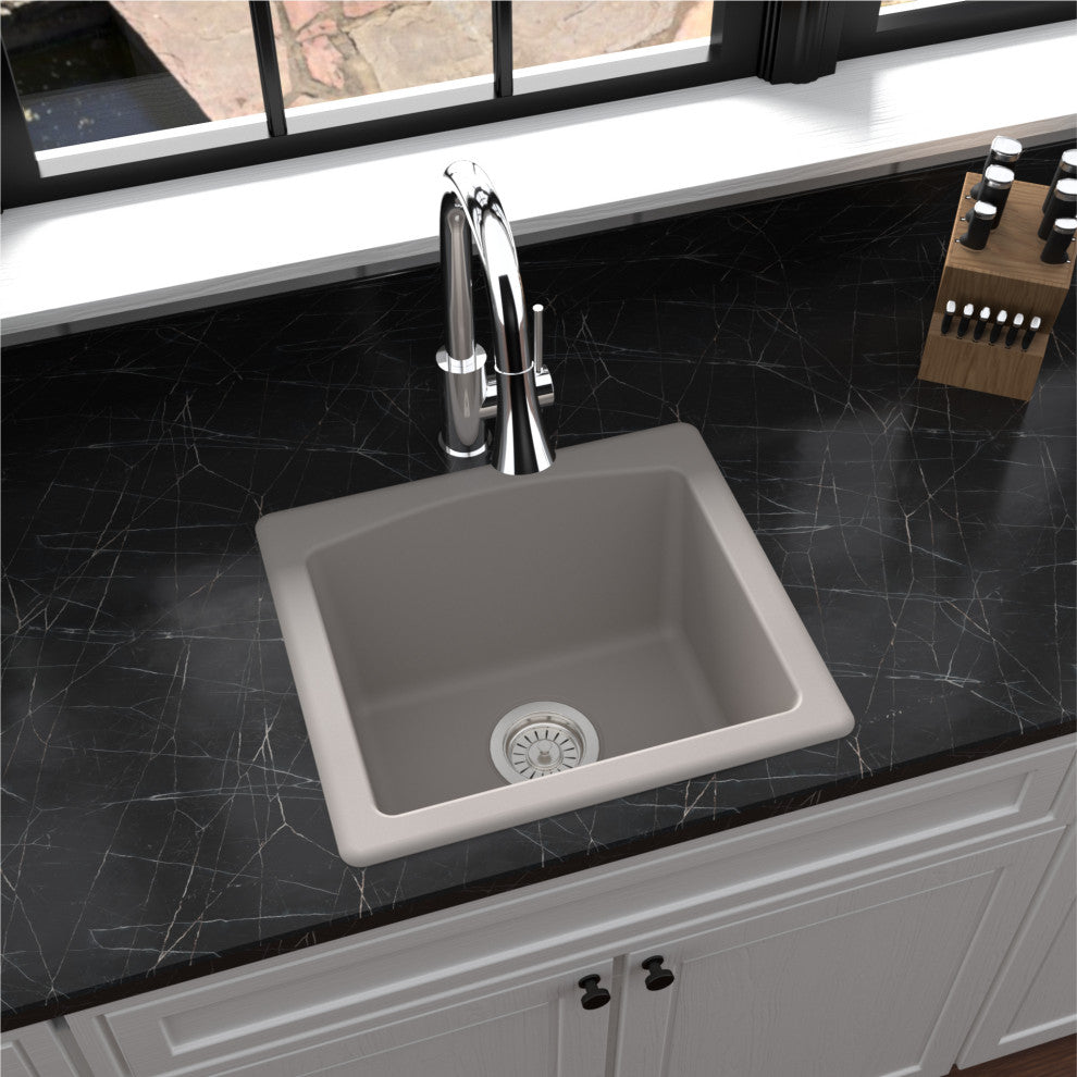 Karran Drop-in or Undermount Quartz 18" Single Bowl Kitchen Sink, Concrete