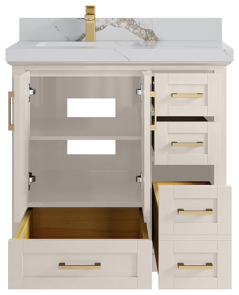 Boston 36" Left Offset Bath Vanity in Fine Grain 2" Calacatta Gold