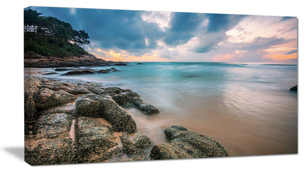"Gloomy Tropical Sunset Beach" Extra Large Seascape Art Canvas, 1 Panel, 60"x28"