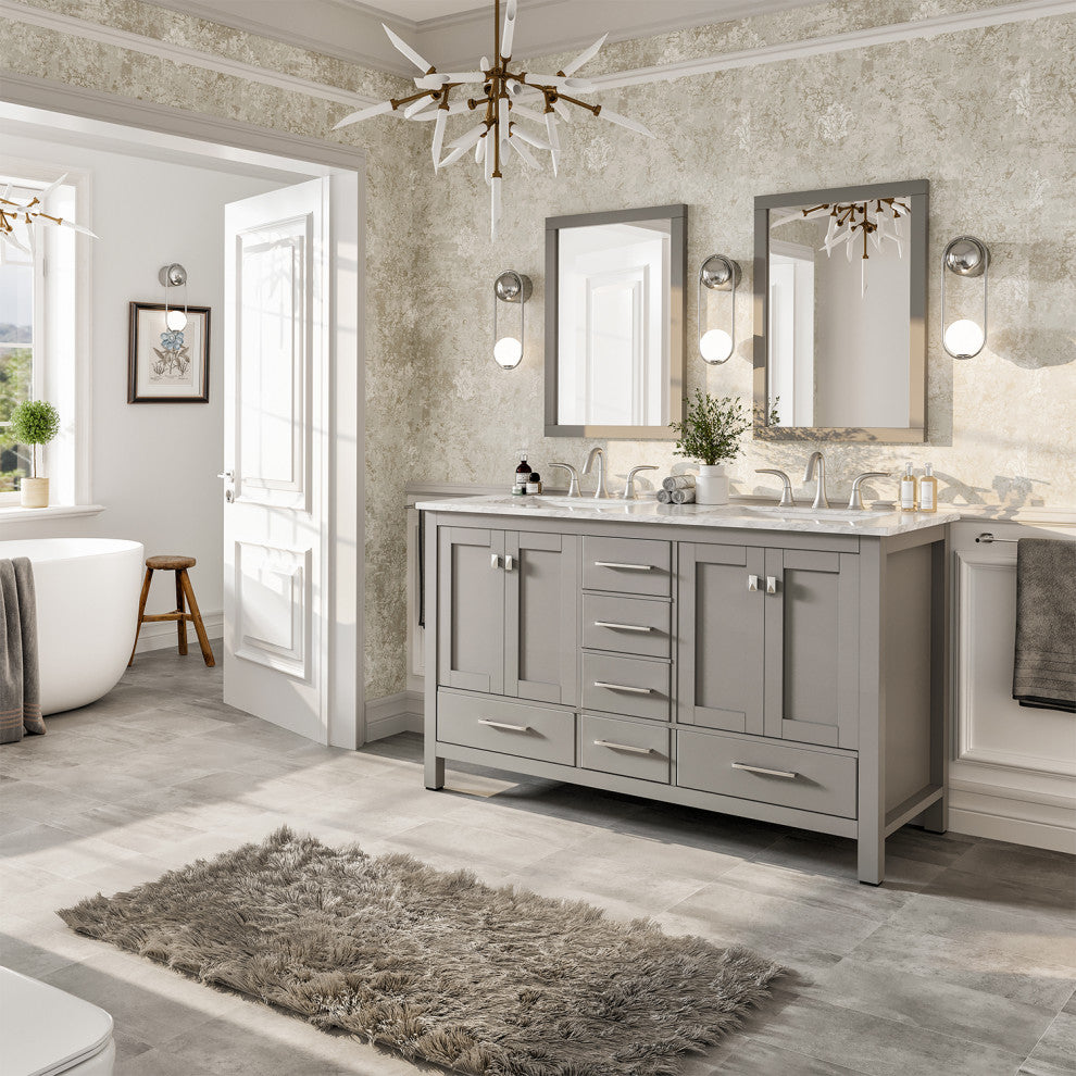 Eviva Aberdeen Gray Transitional Double Sink Vanity With White Carrara Top, 72"