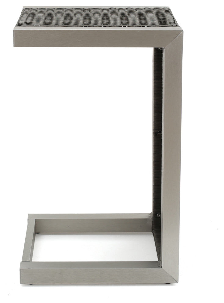 GDF Studio Outdoor Wood Finish C-Shaped End Table, Aluminum Frame, Gray