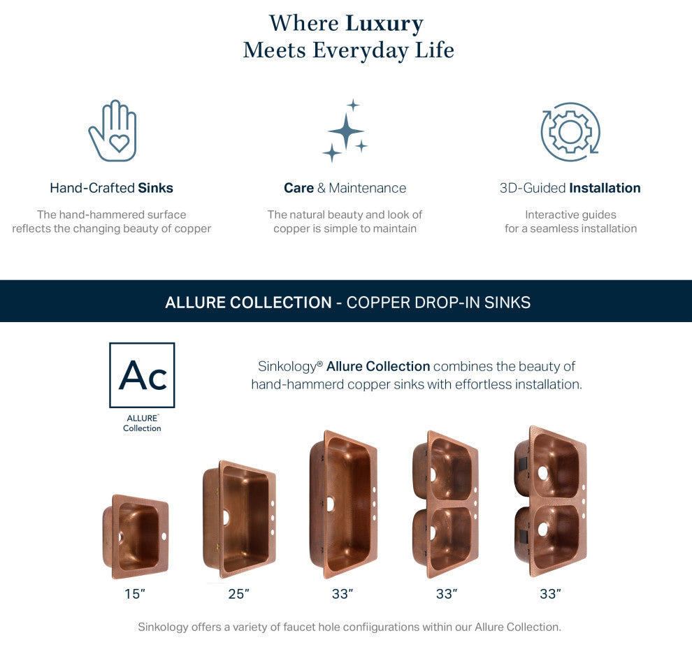 Santi 33" Drop-in Copper Double Bowl Kitchen Sink, 4-Hole Right Side