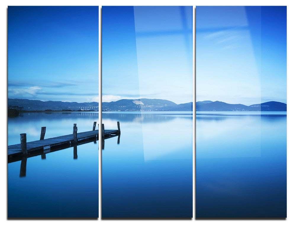 "Bright Blue Sky With Pier" Photo Metal Wall Art, 3 Panels, 36"x28"
