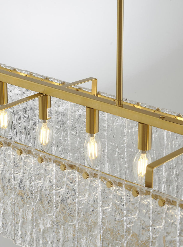 9-Light Brass Chandelier With Clear Rippled Glass