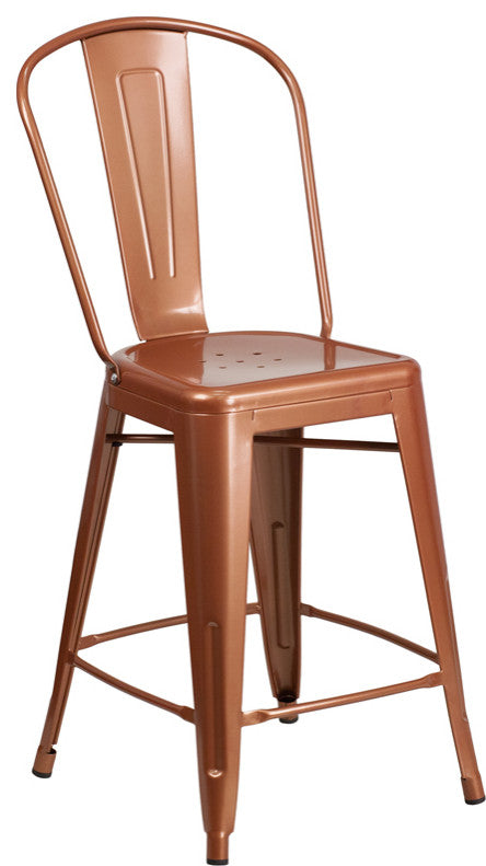 24" High Copper Metal Indoor-Outdoor Counter Stool With Back
