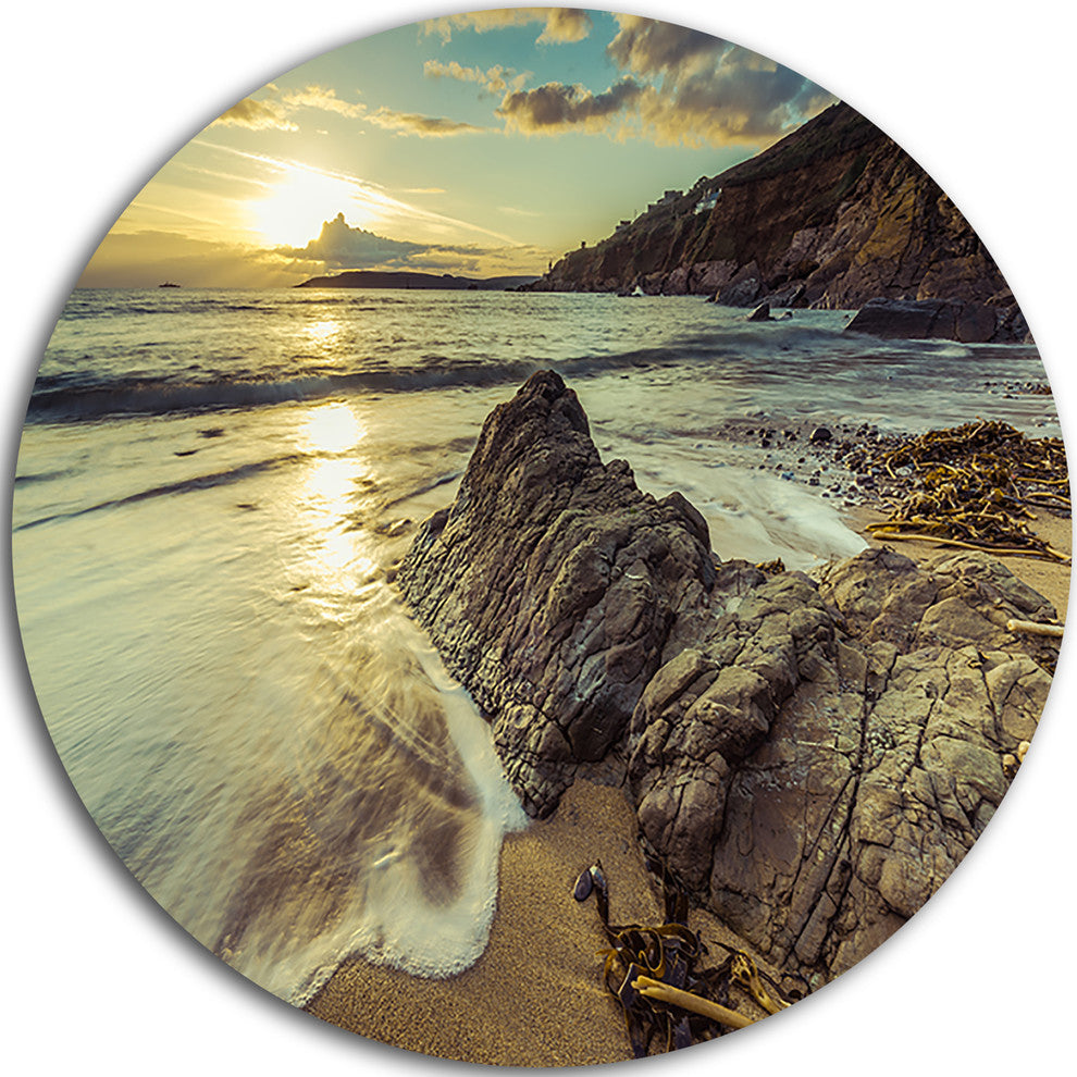 Sunset At Beach Vintage Style, Modern Seascape Round Wall Art, 36"