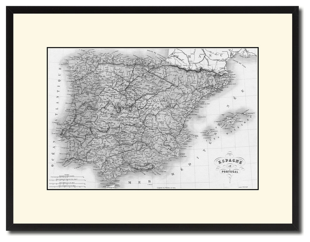 Spain Portugal Vintage B&W Map Canvas Print, 16"x21"