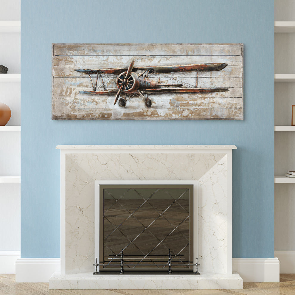 "Model Airplane" Metallic Handed Painted Rugged Wooden Blocks Wall Art