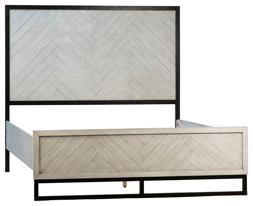 Vincent Acacia and Iron Panel Bed With Harringbone Headboard, Queen