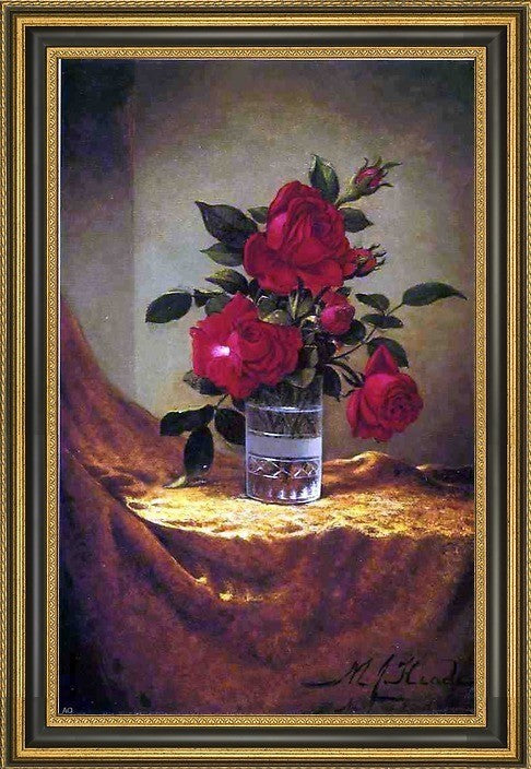 Martin Johnson Heade a Glass of Roses on Gold Cloth Framed Canvas Print, 18"x27"