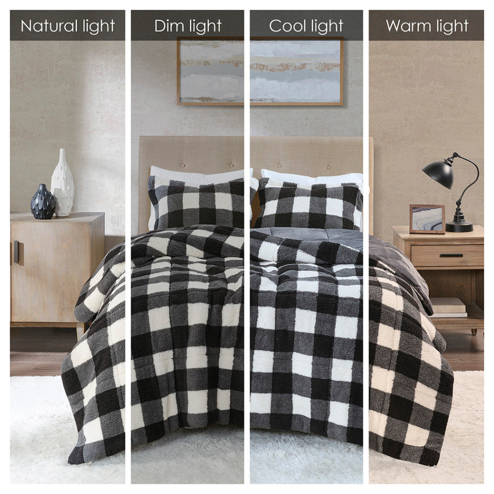 Sleep Philosophy Brooks Sherpa Black and White Buffalo Check Comforter Set
