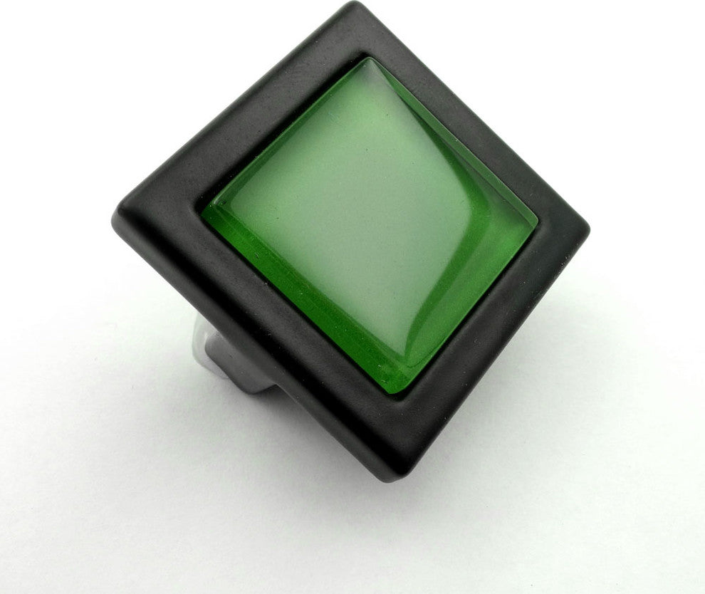 Fern Green Crystal Glass Black Metal Square Manor Knob