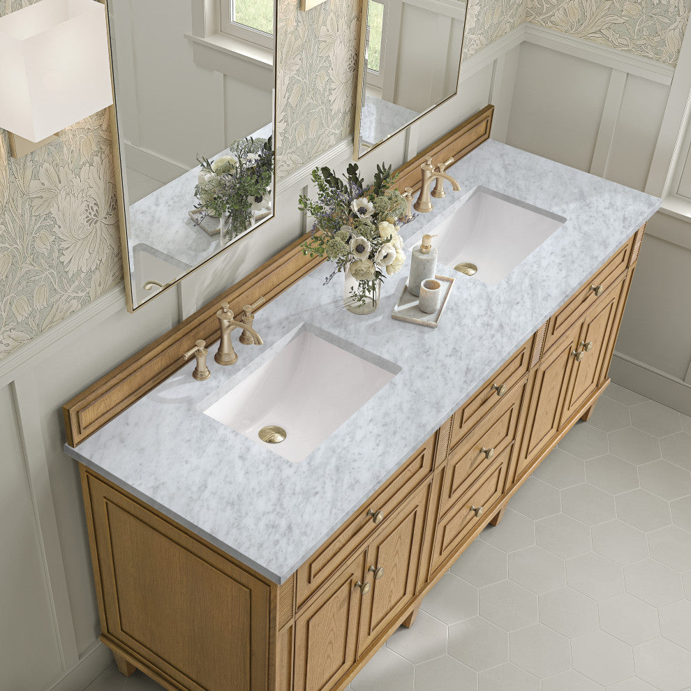 Lorelai 72" Double Vanity, Light Natural Oak, 3 CM Carrara White Marble Top