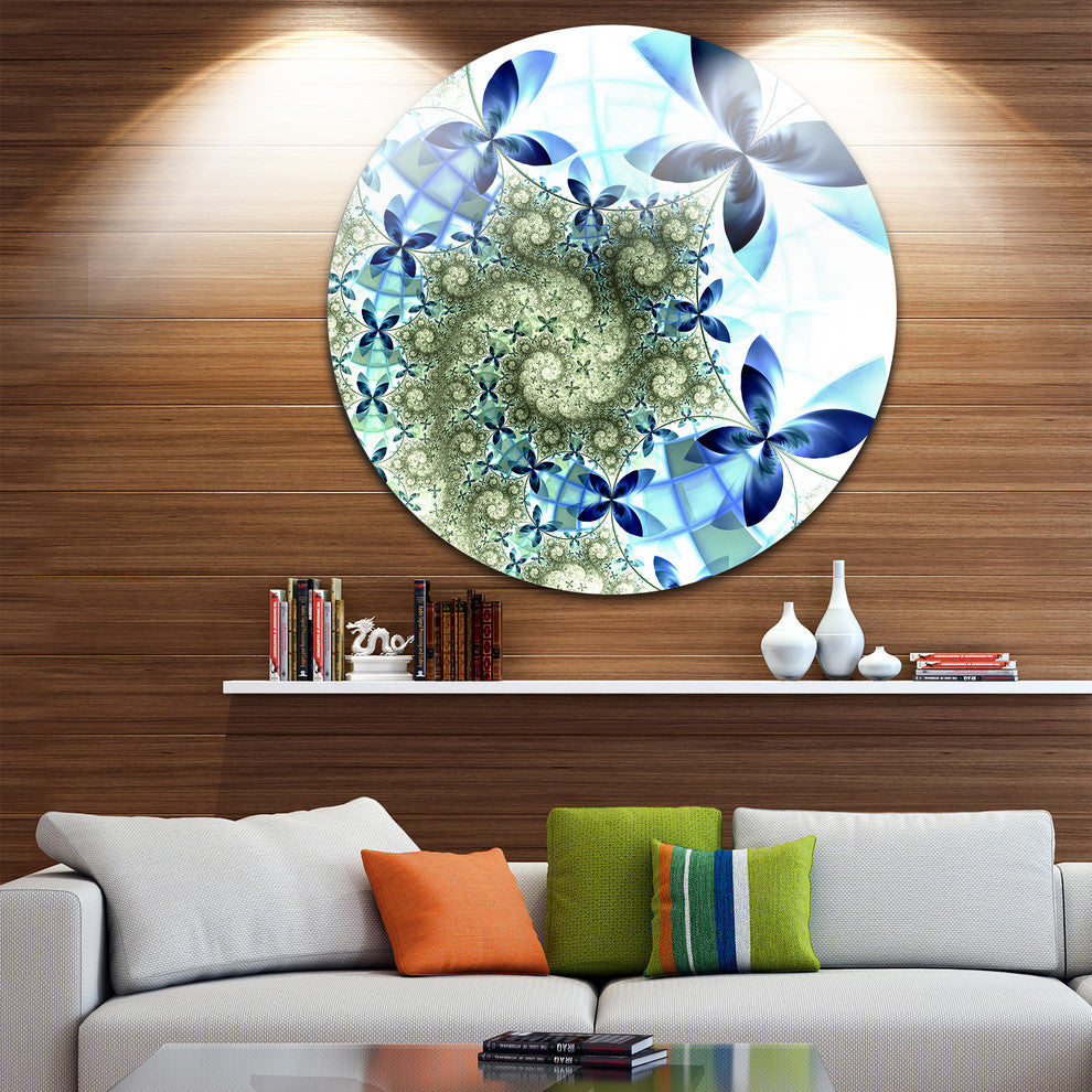Blue And Green Fractal Flowers, Floral Round Metal Wall Art, 36"