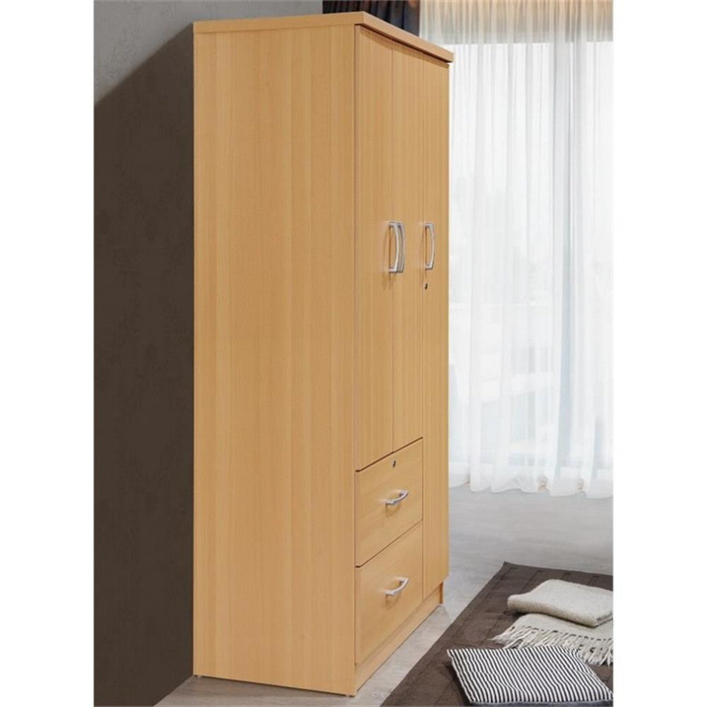 Hodedah 3 Door Armoire with 2 Drawers 3 Shelves in Beige Wood