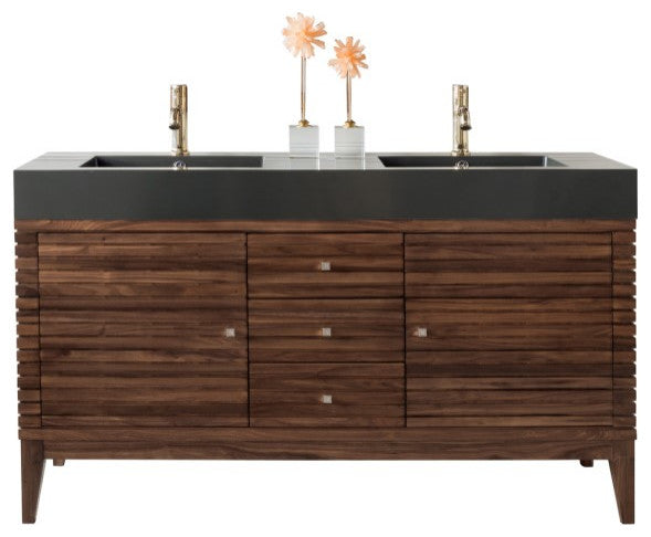 Linear 59" Double Vanity,Mid Century Walnut,Glossy Dark Gray Top,No Mirror