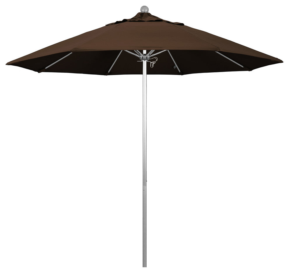 9' Silver Anodized Push Lift Fiberglass Rib Aluminum Umbrella, Pacifica, Mocha