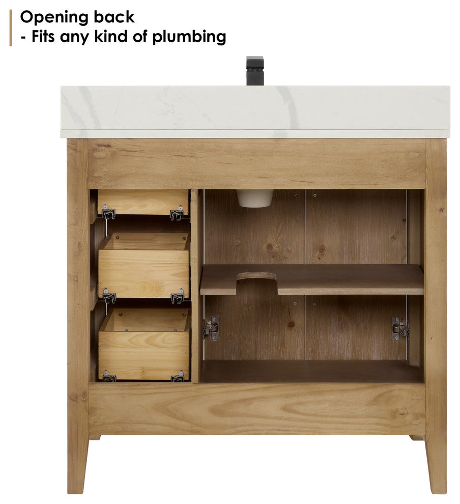 Laurel Bathroom Vanity with Calacatta White Quartz Stone Countertop, Weathered Fir, 36", Without Mirror