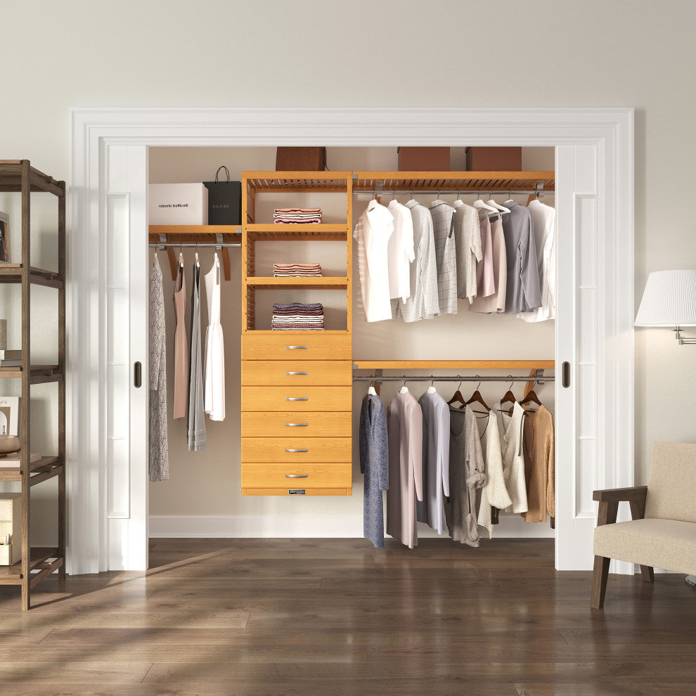 Solid Wood Walk-In Closet Organizer with 6-Drawers, Honey Maple