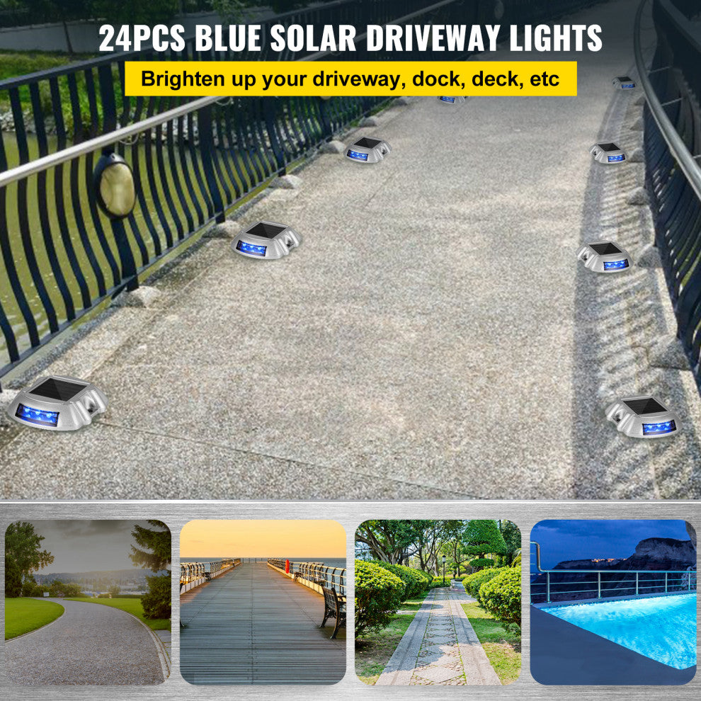 Solar Driveway Lights, Switch Button, Wireless, 6 LEDs, Blue, 24 Pieces