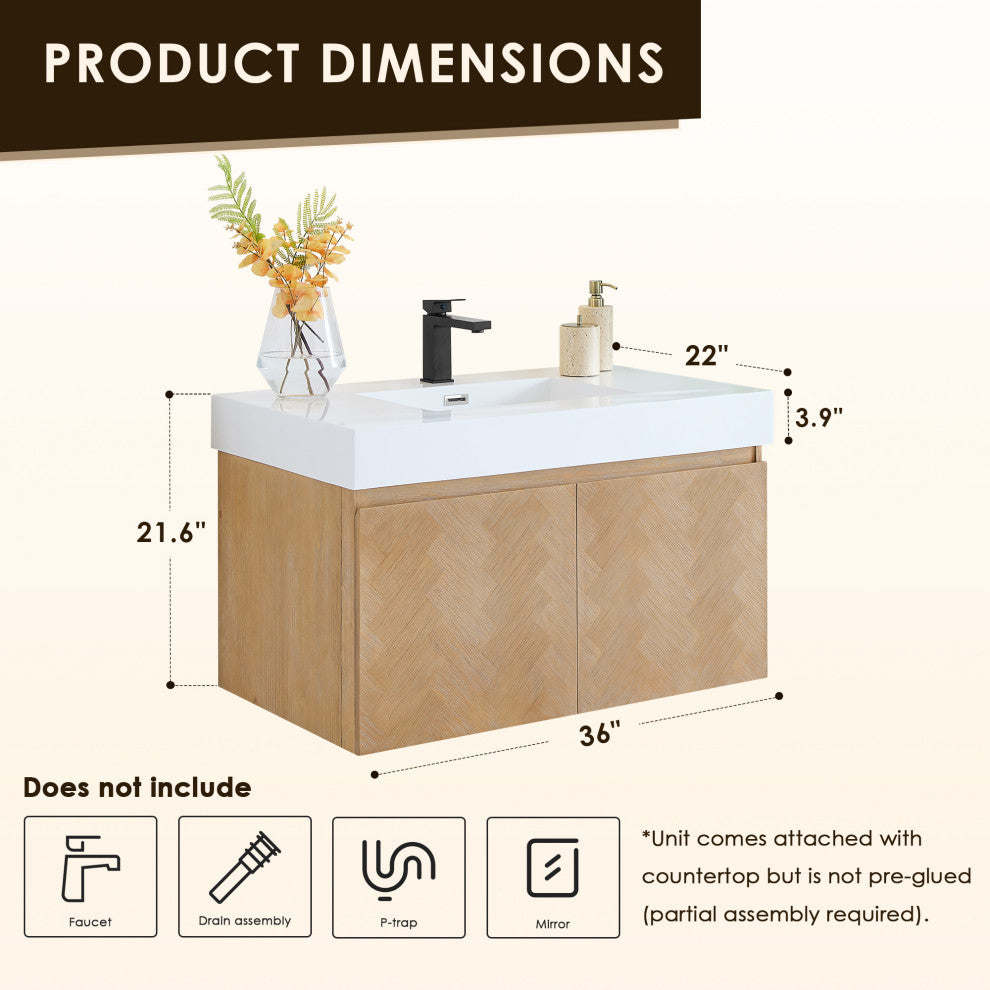 Siena Wall-mounted Single Bath Vanity, Light Brown, 36inch, No Mirror