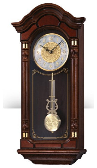 Seiko Clocks, Dark Brown Solid Oak Case Wall Clock With Pendulum and Chime