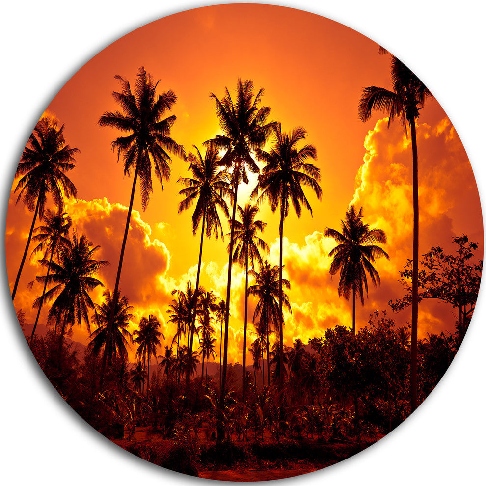 Coconut Palms Against Yellow Sky, Landscape Disc Metal Wall Art, 23"