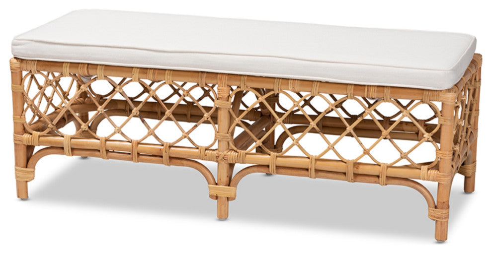 Orchard Modern Bohemian White Fabric Upholstered and Natural Brown Rattan Bench
