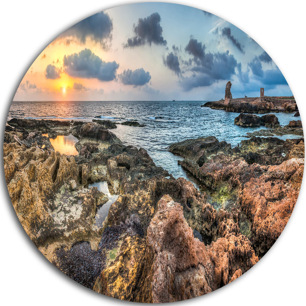 Rocky Blue Seashore Sunset, Seashore Round Metal Wall Art, 36"