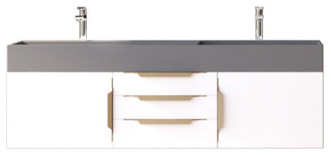 CastelloUSA Amazon 60" Wall Mounted Bathroom Vanity Set, White, Gray Top, Gold Handles