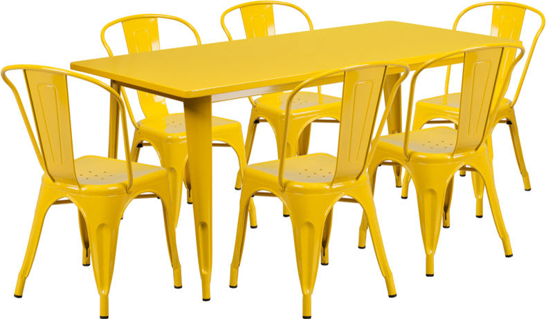 31.5"x63" Rectangular Yellow Metal 6-Piece Table Set Stack Chairs