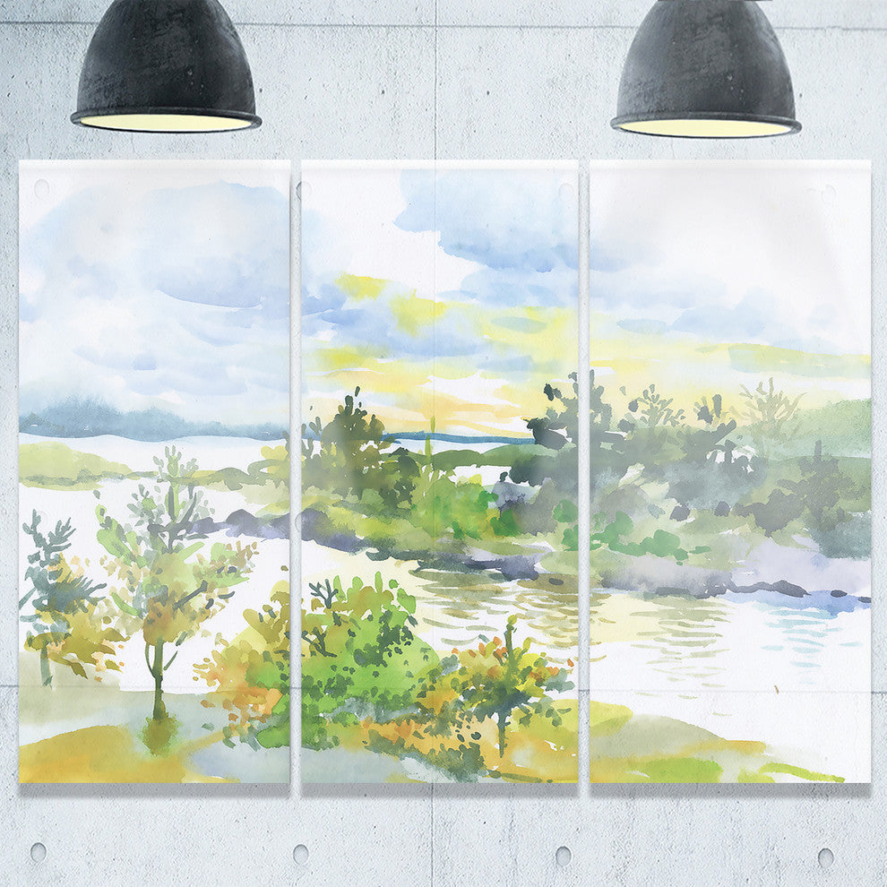 "Autumn Forest and Lake Watercolor" Metal Wall Art, 3 Panels, 36"x28"